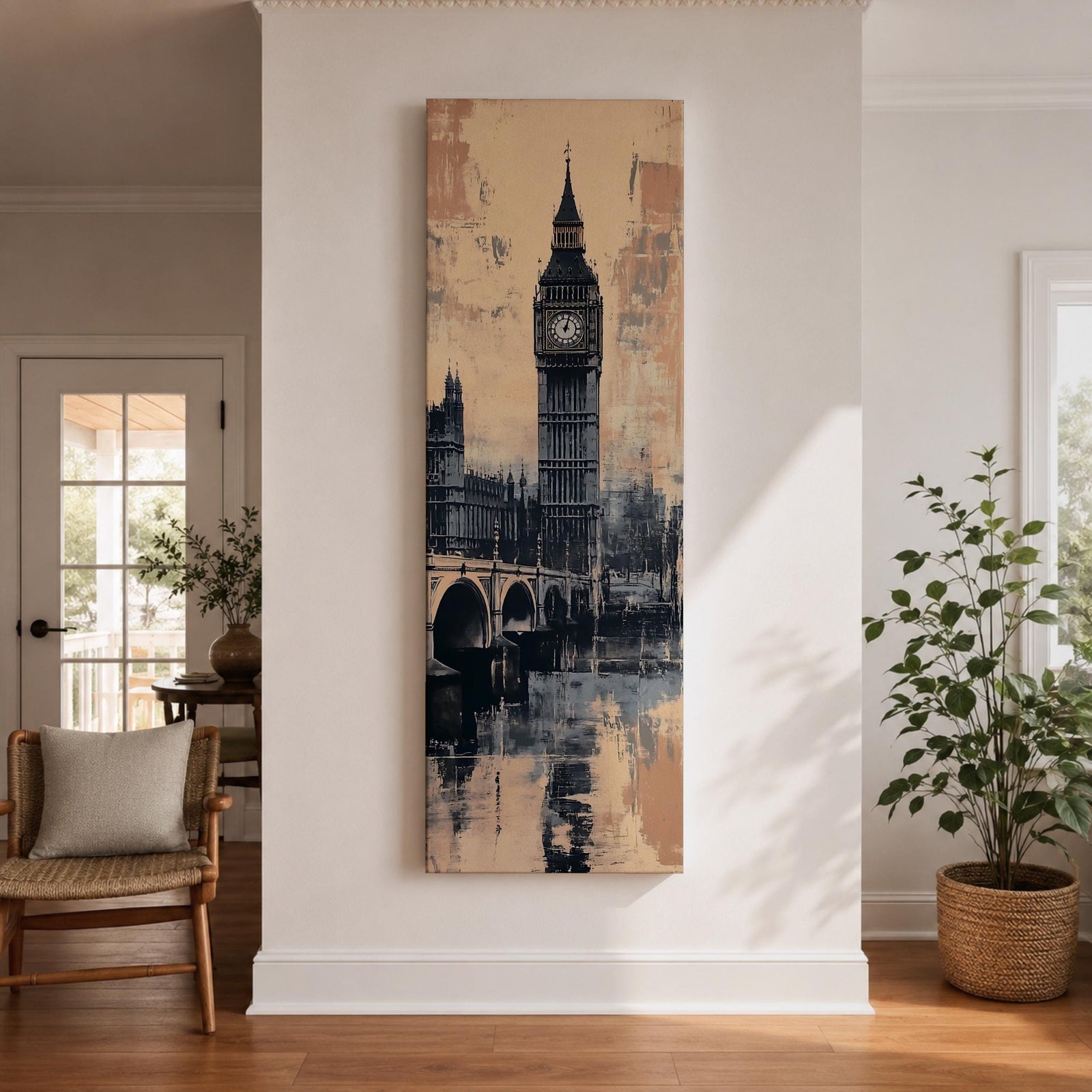 Tall vertical cityscape painting featuring Big Ben and the Elizabeth Tower rising above Westminster Bridge in London. The clock tower reflects across the River Thames with historic buildings in the background, rendered in textured sepia and blue watercolor tones with a vintage city atmosphere.