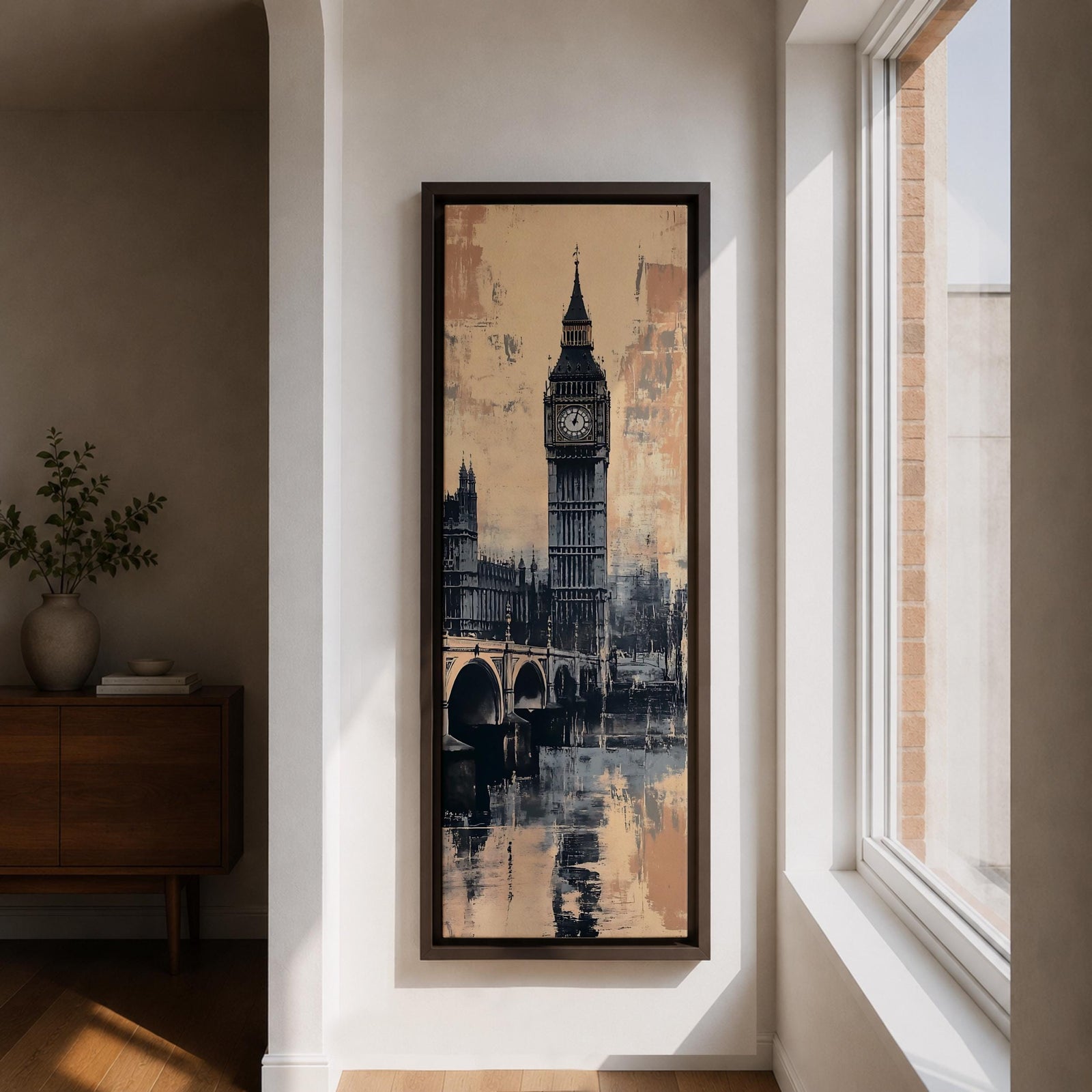 Tall vertical cityscape painting featuring Big Ben and the Elizabeth Tower rising above Westminster Bridge in London. The clock tower reflects across the River Thames with historic buildings in the background, rendered in textured sepia and blue watercolor tones with a vintage city atmosphere.