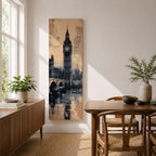 Tall vertical cityscape painting featuring Big Ben and the Elizabeth Tower rising above Westminster Bridge in London. The clock tower reflects across the River Thames with historic buildings in the background, rendered in textured sepia and blue watercolor tones with a vintage city atmosphere.