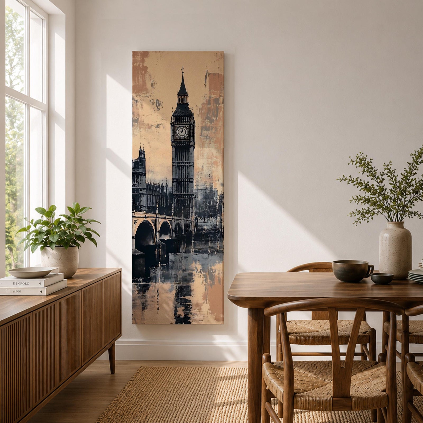 Tall vertical cityscape painting featuring Big Ben and the Elizabeth Tower rising above Westminster Bridge in London. The clock tower reflects across the River Thames with historic buildings in the background, rendered in textured sepia and blue watercolor tones with a vintage city atmosphere.
