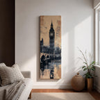 Tall vertical cityscape painting featuring Big Ben and the Elizabeth Tower rising above Westminster Bridge in London. The clock tower reflects across the River Thames with historic buildings in the background, rendered in textured sepia and blue watercolor tones with a vintage city atmosphere.