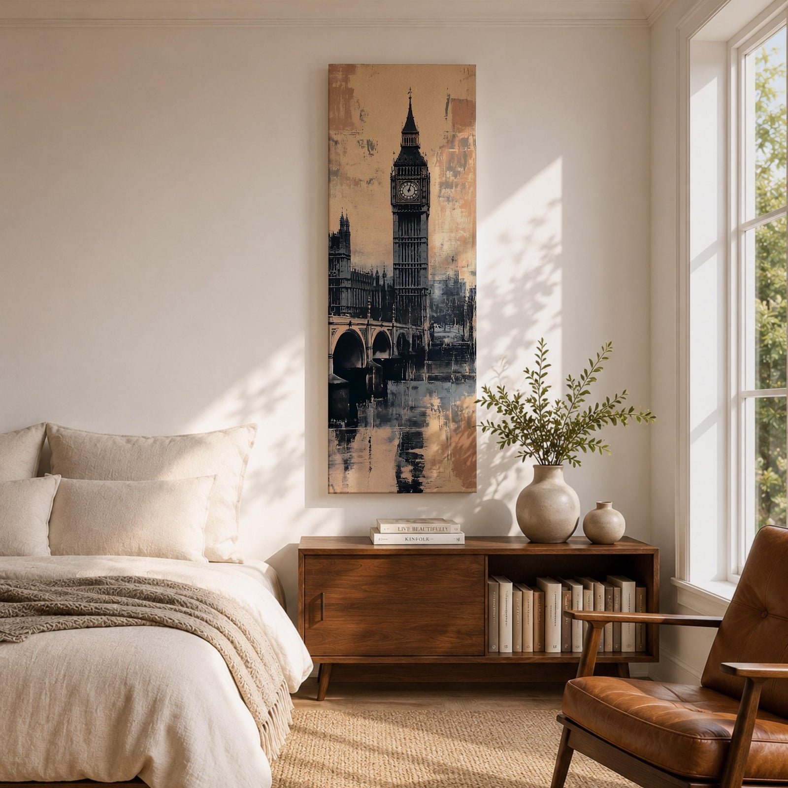 Tall vertical cityscape painting featuring Big Ben and the Elizabeth Tower rising above Westminster Bridge in London. The clock tower reflects across the River Thames with historic buildings in the background, rendered in textured sepia and blue watercolor tones with a vintage city atmosphere.
