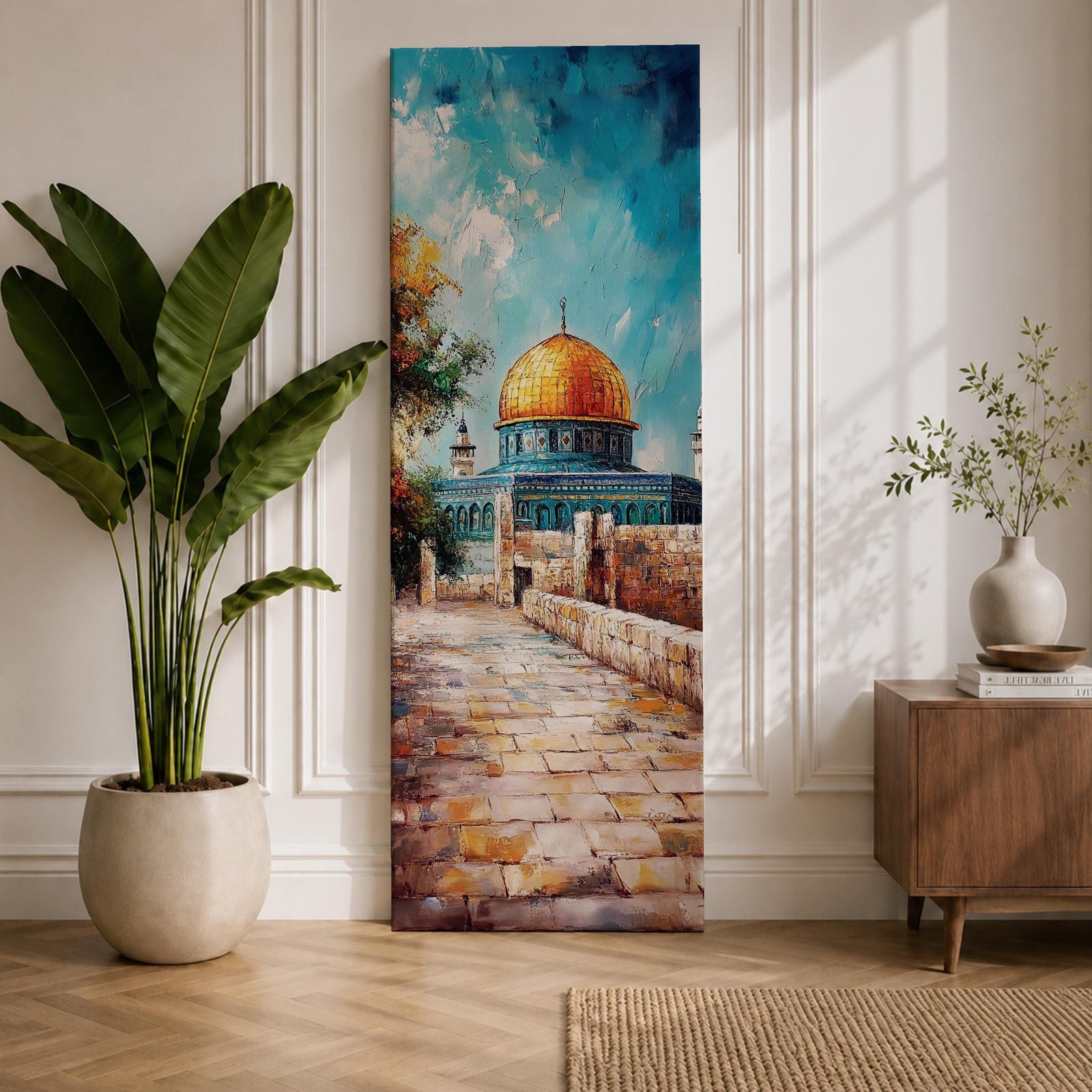 Tall vertical painting of the Dome of the Rock in Jerusalem featuring the iconic golden dome rising above stone pathways and historic walls. The mosque stands beneath a bright blue sky with textured oil brushstrokes capturing warm sunlight across the courtyard and architectural details.