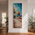 Tall vertical painting of the Dome of the Rock in Jerusalem featuring the iconic golden dome rising above stone pathways and historic walls. The mosque stands beneath a bright blue sky with textured oil brushstrokes capturing warm sunlight across the courtyard and architectural details.