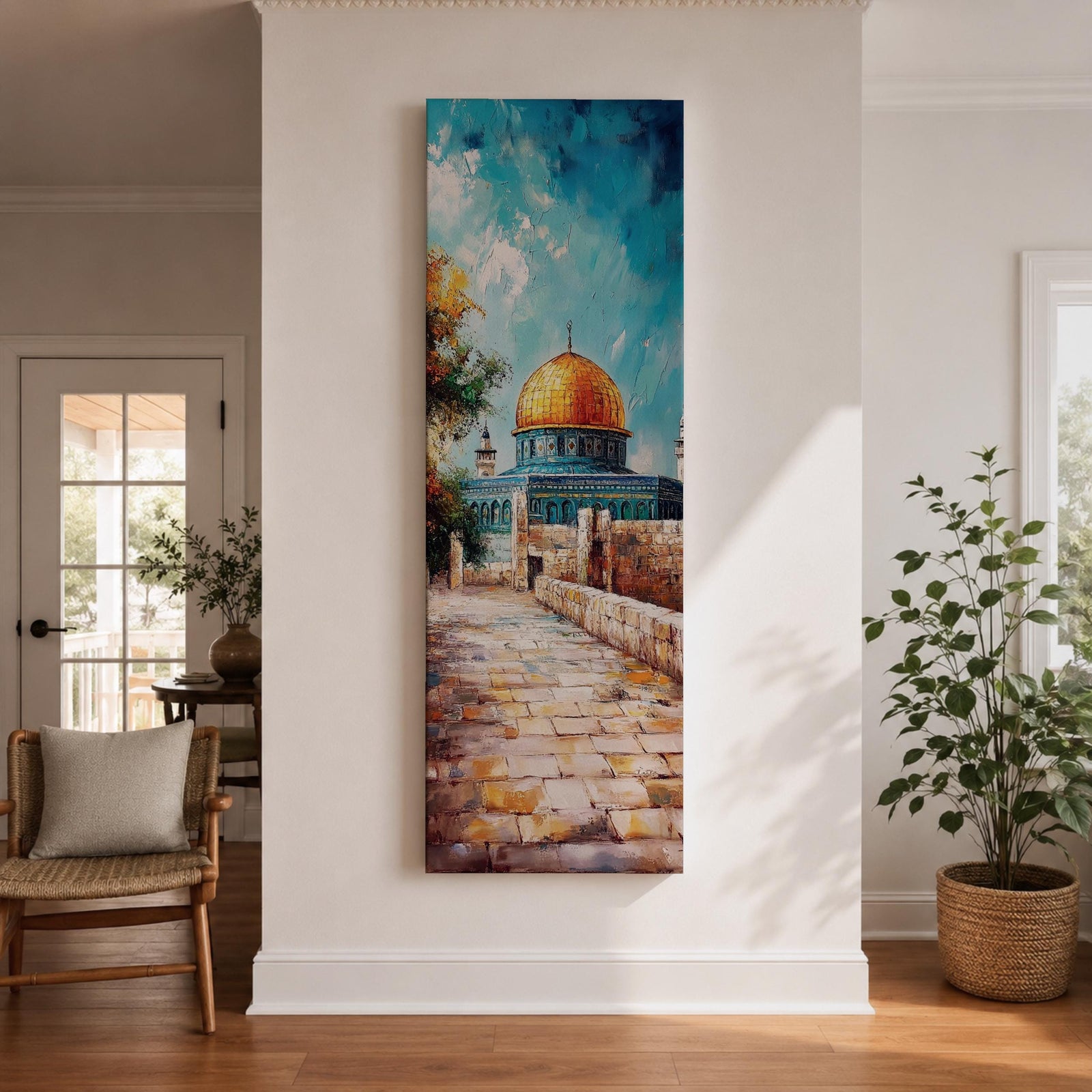 Tall vertical painting of the Dome of the Rock in Jerusalem featuring the iconic golden dome rising above stone pathways and historic walls. The mosque stands beneath a bright blue sky with textured oil brushstrokes capturing warm sunlight across the courtyard and architectural details.