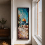 Tall vertical painting of the Dome of the Rock in Jerusalem featuring the iconic golden dome rising above stone pathways and historic walls. The mosque stands beneath a bright blue sky with textured oil brushstrokes capturing warm sunlight across the courtyard and architectural details.