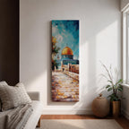 Tall vertical painting of the Dome of the Rock in Jerusalem featuring the iconic golden dome rising above stone pathways and historic walls. The mosque stands beneath a bright blue sky with textured oil brushstrokes capturing warm sunlight across the courtyard and architectural details.