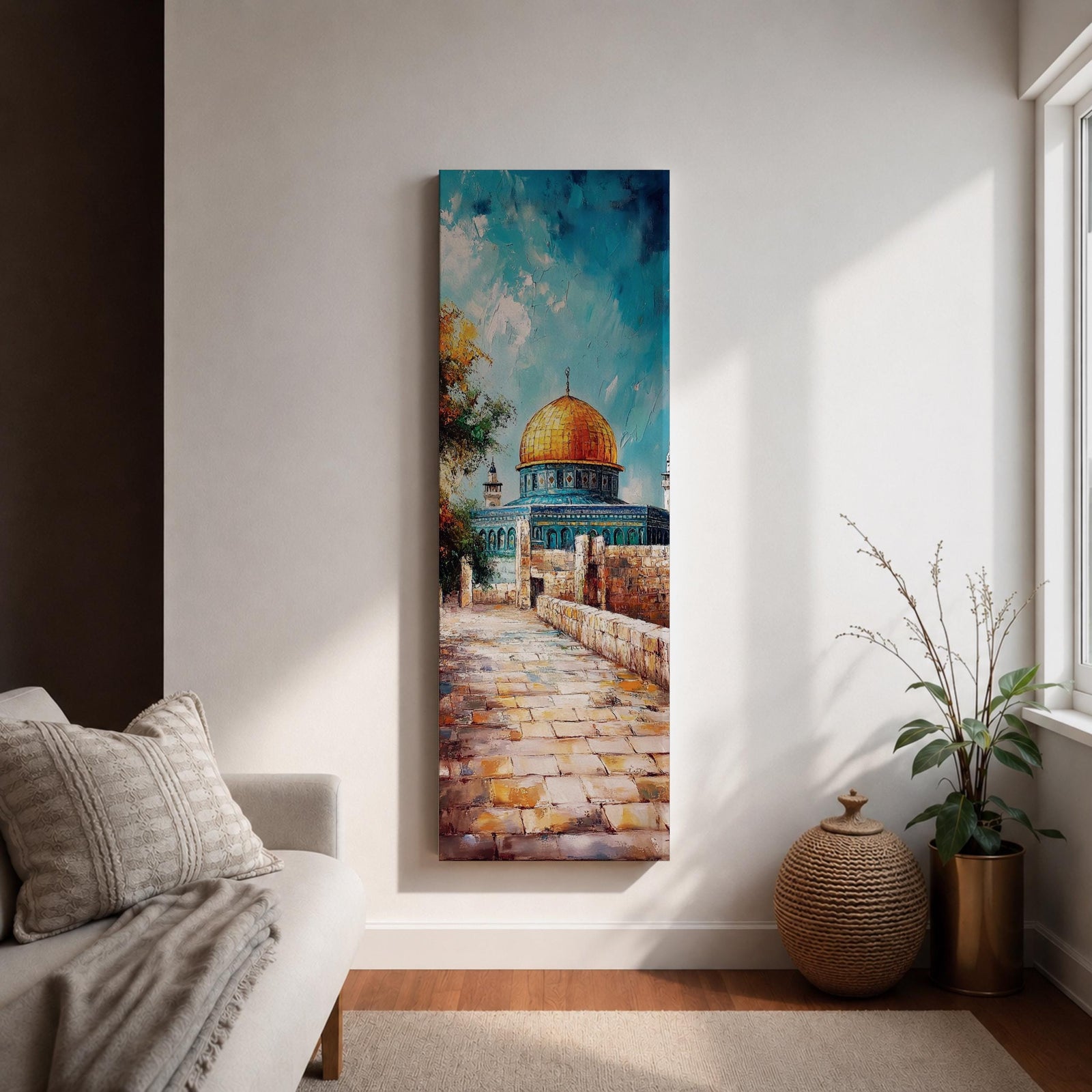 Tall vertical painting of the Dome of the Rock in Jerusalem featuring the iconic golden dome rising above stone pathways and historic walls. The mosque stands beneath a bright blue sky with textured oil brushstrokes capturing warm sunlight across the courtyard and architectural details.