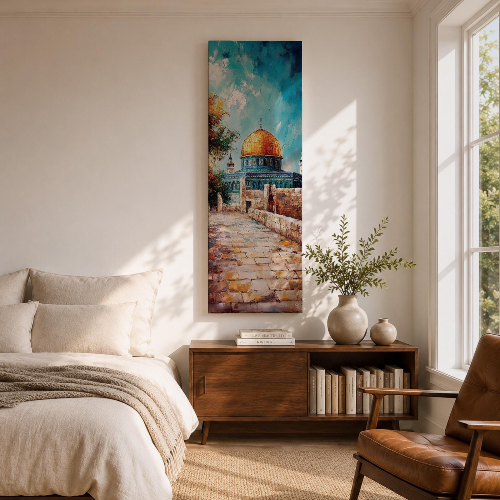 Tall vertical painting of the Dome of the Rock in Jerusalem featuring the iconic golden dome rising above stone pathways and historic walls. The mosque stands beneath a bright blue sky with textured oil brushstrokes capturing warm sunlight across the courtyard and architectural details.