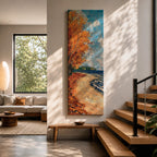Tall vertical landscape painting of an autumn shoreline with golden orange trees lining a sandy beach beside deep blue water. Thick palette knife brushstrokes create textured waves, falling leaves, and swirling sky patterns while the curved shoreline leads toward a distant forest horizon.