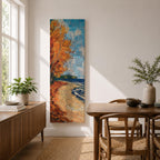 Tall vertical landscape painting of an autumn shoreline with golden orange trees lining a sandy beach beside deep blue water. Thick palette knife brushstrokes create textured waves, falling leaves, and swirling sky patterns while the curved shoreline leads toward a distant forest horizon.