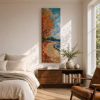 Tall vertical landscape painting of an autumn shoreline with golden orange trees lining a sandy beach beside deep blue water. Thick palette knife brushstrokes create textured waves, falling leaves, and swirling sky patterns while the curved shoreline leads toward a distant forest horizon.