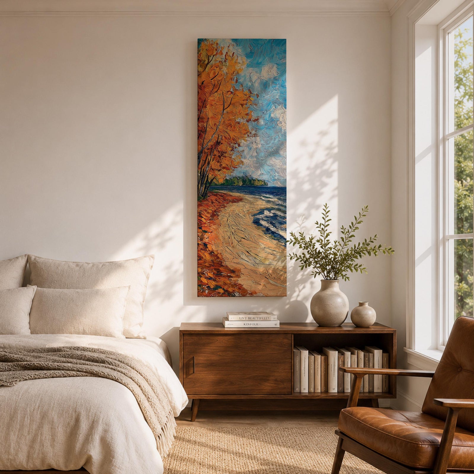 Tall vertical landscape painting of an autumn shoreline with golden orange trees lining a sandy beach beside deep blue water. Thick palette knife brushstrokes create textured waves, falling leaves, and swirling sky patterns while the curved shoreline leads toward a distant forest horizon.