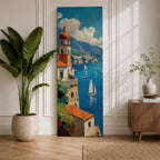Tall vertical painting of the Amalfi Coast featuring a seaside Italian village with a domed church tower overlooking blue Mediterranean waters. Sailboats glide across the harbor while colorful cliffside buildings and distant mountains create a bright coastal landscape in textured oil brushstrokes.