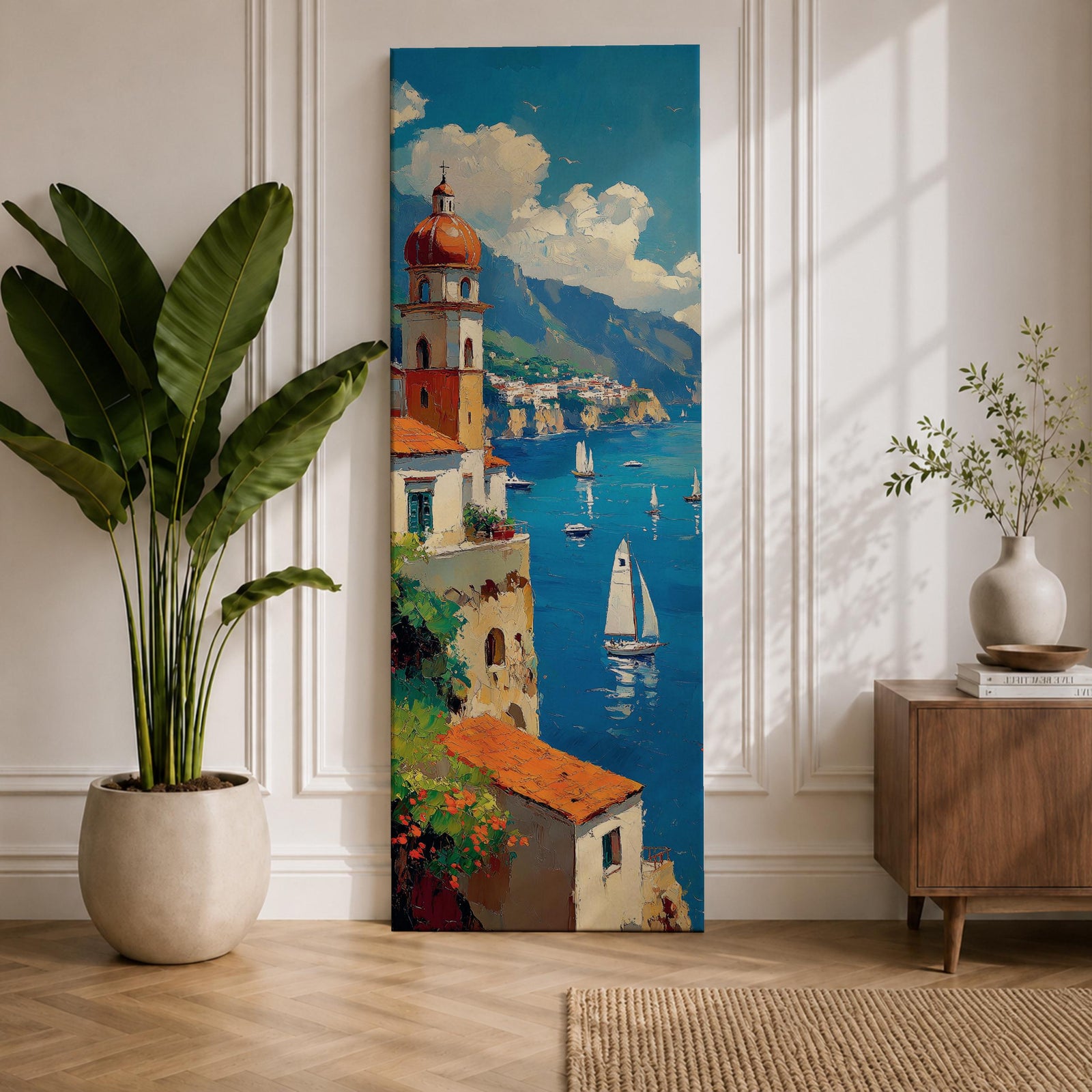 Tall vertical painting of the Amalfi Coast featuring a seaside Italian village with a domed church tower overlooking blue Mediterranean waters. Sailboats glide across the harbor while colorful cliffside buildings and distant mountains create a bright coastal landscape in textured oil brushstrokes.