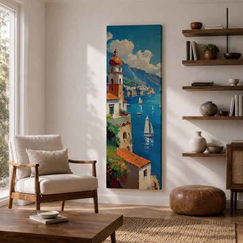Tall vertical painting of the Amalfi Coast featuring a seaside Italian village with a domed church tower overlooking blue Mediterranean waters. Sailboats glide across the harbor while colorful cliffside buildings and distant mountains create a bright coastal landscape in textured oil brushstrokes.