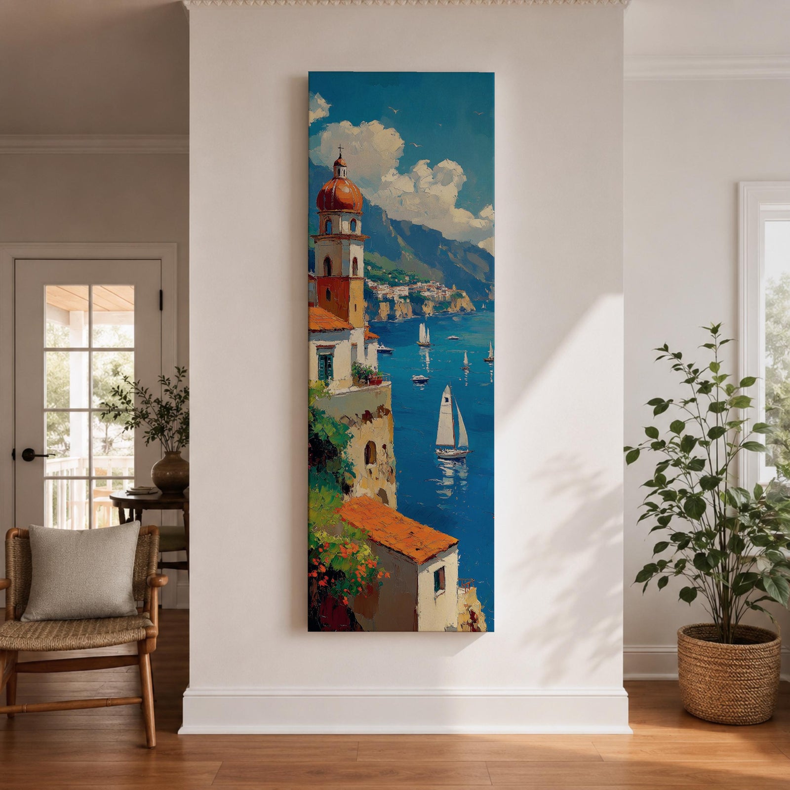 Tall vertical painting of the Amalfi Coast featuring a seaside Italian village with a domed church tower overlooking blue Mediterranean waters. Sailboats glide across the harbor while colorful cliffside buildings and distant mountains create a bright coastal landscape in textured oil brushstrokes.