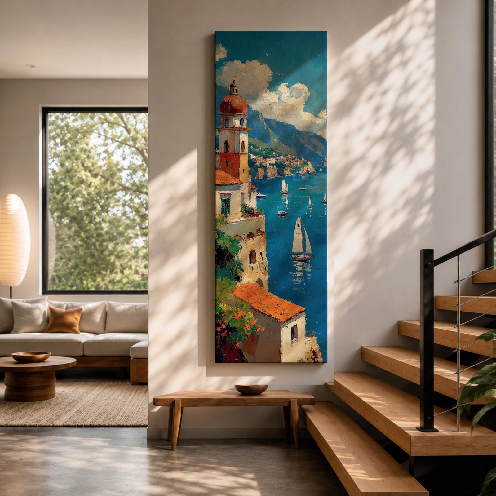 Tall vertical painting of the Amalfi Coast featuring a seaside Italian village with a domed church tower overlooking blue Mediterranean waters. Sailboats glide across the harbor while colorful cliffside buildings and distant mountains create a bright coastal landscape in textured oil brushstrokes.