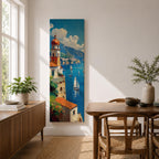 Tall vertical painting of the Amalfi Coast featuring a seaside Italian village with a domed church tower overlooking blue Mediterranean waters. Sailboats glide across the harbor while colorful cliffside buildings and distant mountains create a bright coastal landscape in textured oil brushstrokes.