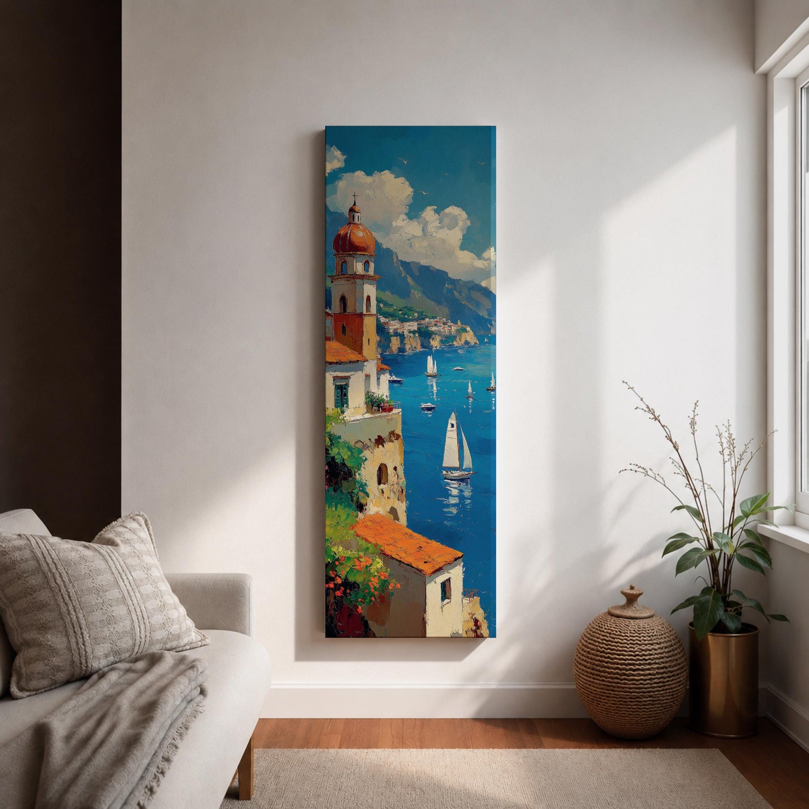 Tall vertical painting of the Amalfi Coast featuring a seaside Italian village with a domed church tower overlooking blue Mediterranean waters. Sailboats glide across the harbor while colorful cliffside buildings and distant mountains create a bright coastal landscape in textured oil brushstrokes.