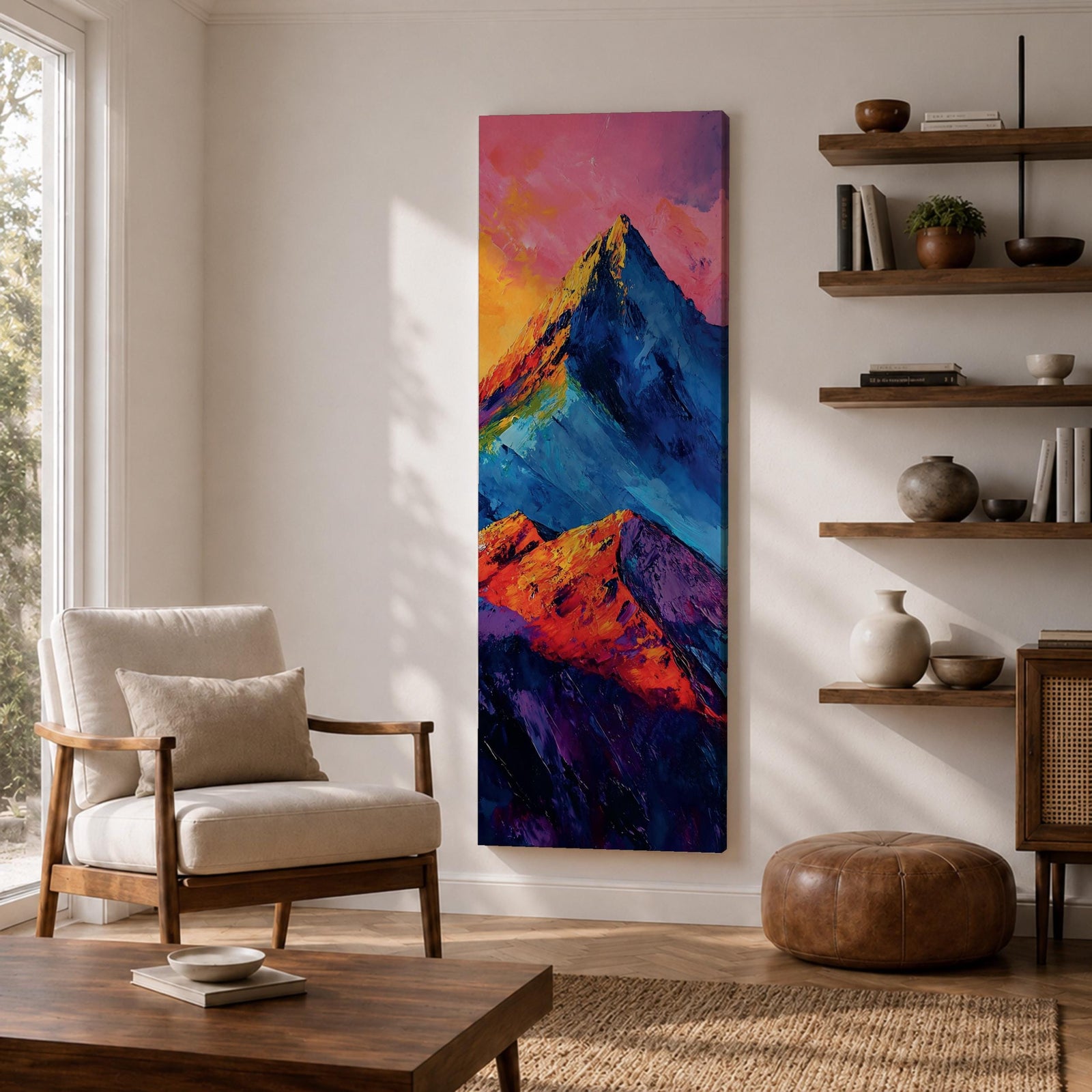 Tall vertical abstract mountain painting with bold colorful peaks in vibrant blue, red, purple, and yellow tones. Thick impasto brushstrokes create dramatic alpine ridges beneath a bright pink and orange sky, forming a modern expressive mountain landscape.