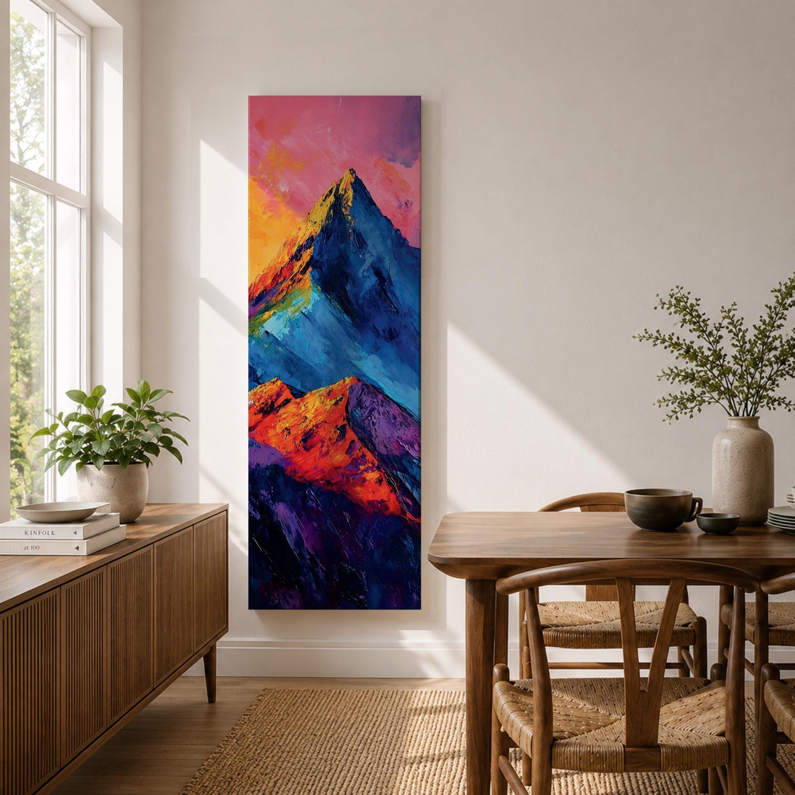 Tall vertical abstract mountain painting with bold colorful peaks in vibrant blue, red, purple, and yellow tones. Thick impasto brushstrokes create dramatic alpine ridges beneath a bright pink and orange sky, forming a modern expressive mountain landscape.