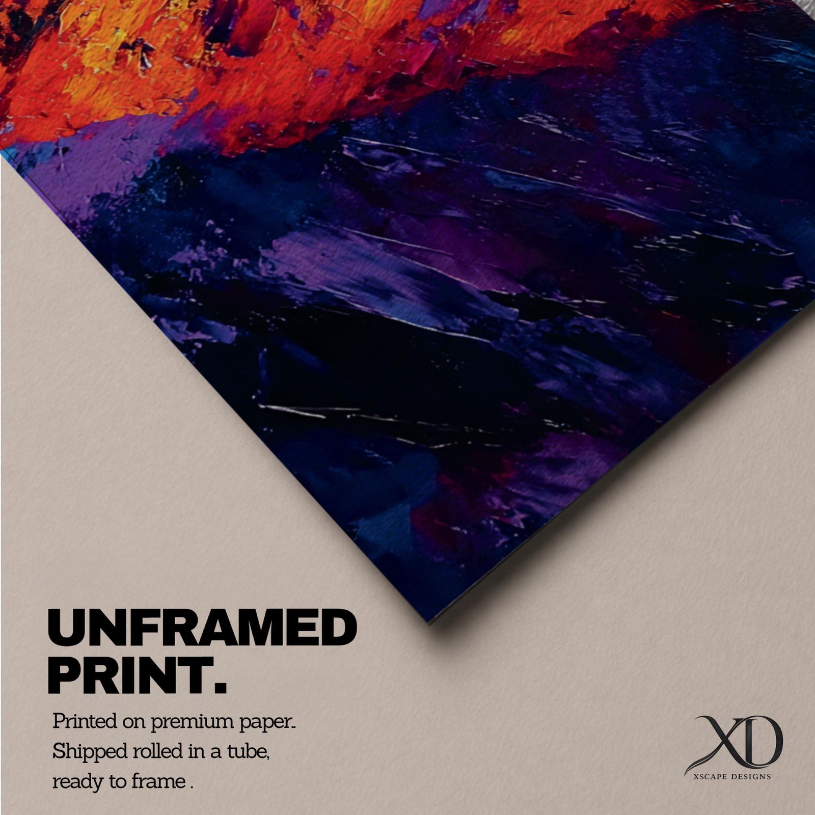 Tall vertical abstract mountain painting with bold colorful peaks in vibrant blue, red, purple, and yellow tones. Thick impasto brushstrokes create dramatic alpine ridges beneath a bright pink and orange sky, forming a modern expressive mountain landscape.