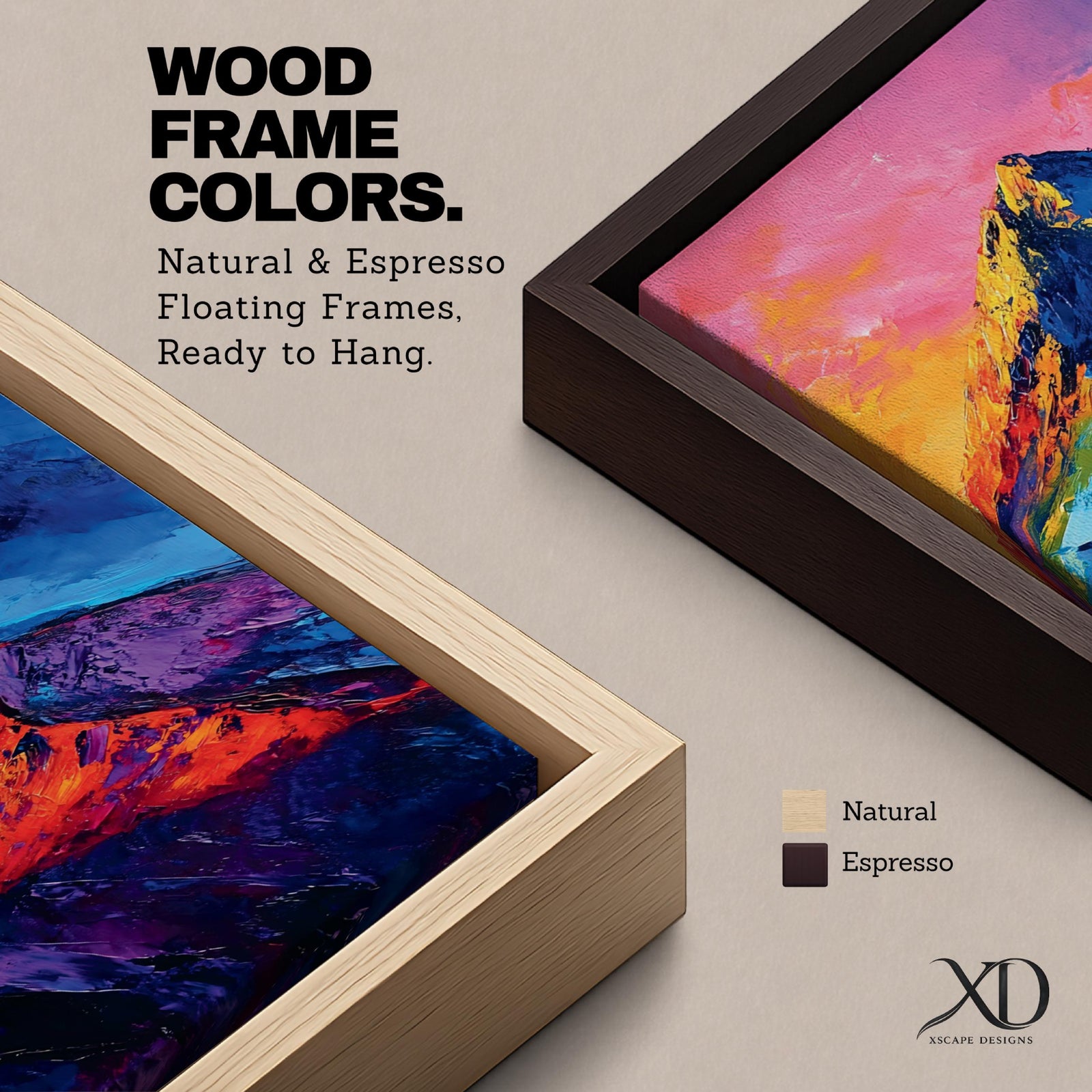 Tall vertical abstract mountain painting with bold colorful peaks in vibrant blue, red, purple, and yellow tones. Thick impasto brushstrokes create dramatic alpine ridges beneath a bright pink and orange sky, forming a modern expressive mountain landscape.
