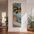 Tall vertical Mediterranean coastal painting showing bright yellow lemons hanging from a leafy branch above an Amalfi seaside village. Colorful Italian buildings sit along a cliffside path overlooking deep blue ocean waters beneath a sunny sky.