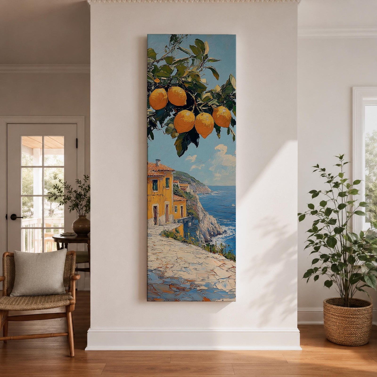 Tall vertical Mediterranean coastal painting showing bright yellow lemons hanging from a leafy branch above an Amalfi seaside village. Colorful Italian buildings sit along a cliffside path overlooking deep blue ocean waters beneath a sunny sky.