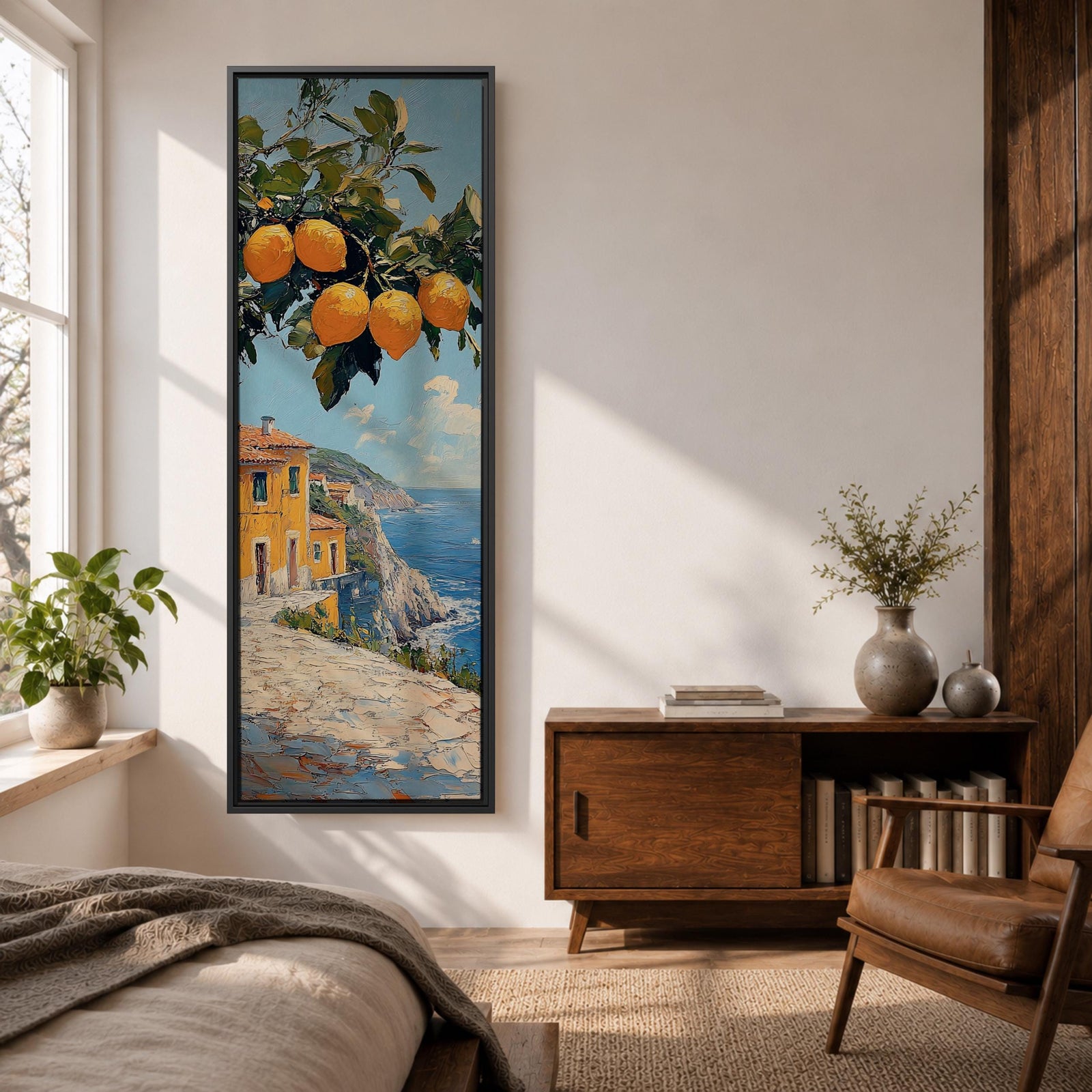 Tall vertical Mediterranean coastal painting showing bright yellow lemons hanging from a leafy branch above an Amalfi seaside village. Colorful Italian buildings sit along a cliffside path overlooking deep blue ocean waters beneath a sunny sky.