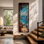 Tall vertical coastal painting showing an Italian ocean view framed by an open doorway with pink flowers and potted plants. The bright Mediterranean sea stretches toward rocky cliffs and a distant sailboat beneath a clear blue sky.