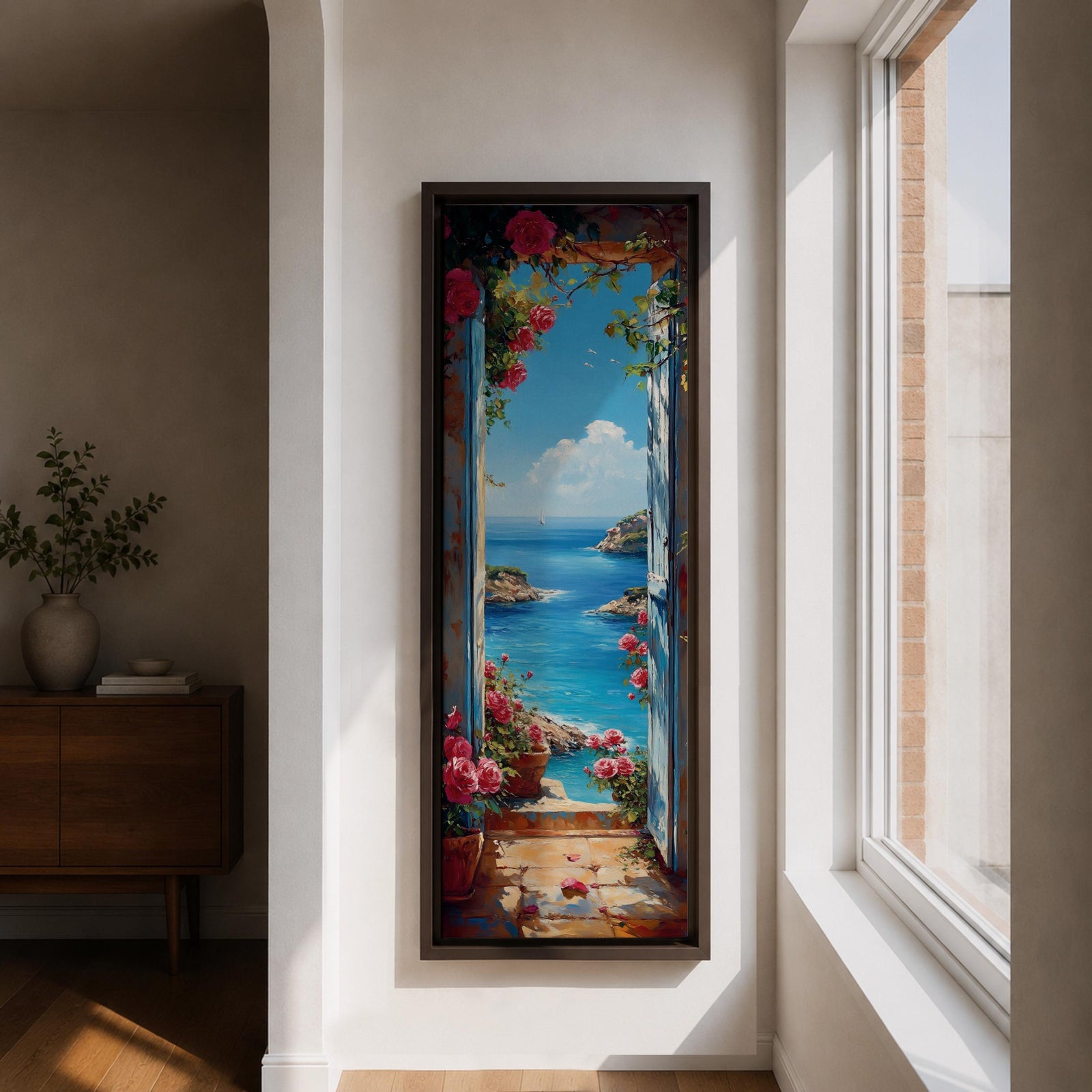 Tall vertical coastal painting showing an Italian ocean view framed by an open doorway with pink flowers and potted plants. The bright Mediterranean sea stretches toward rocky cliffs and a distant sailboat beneath a clear blue sky.