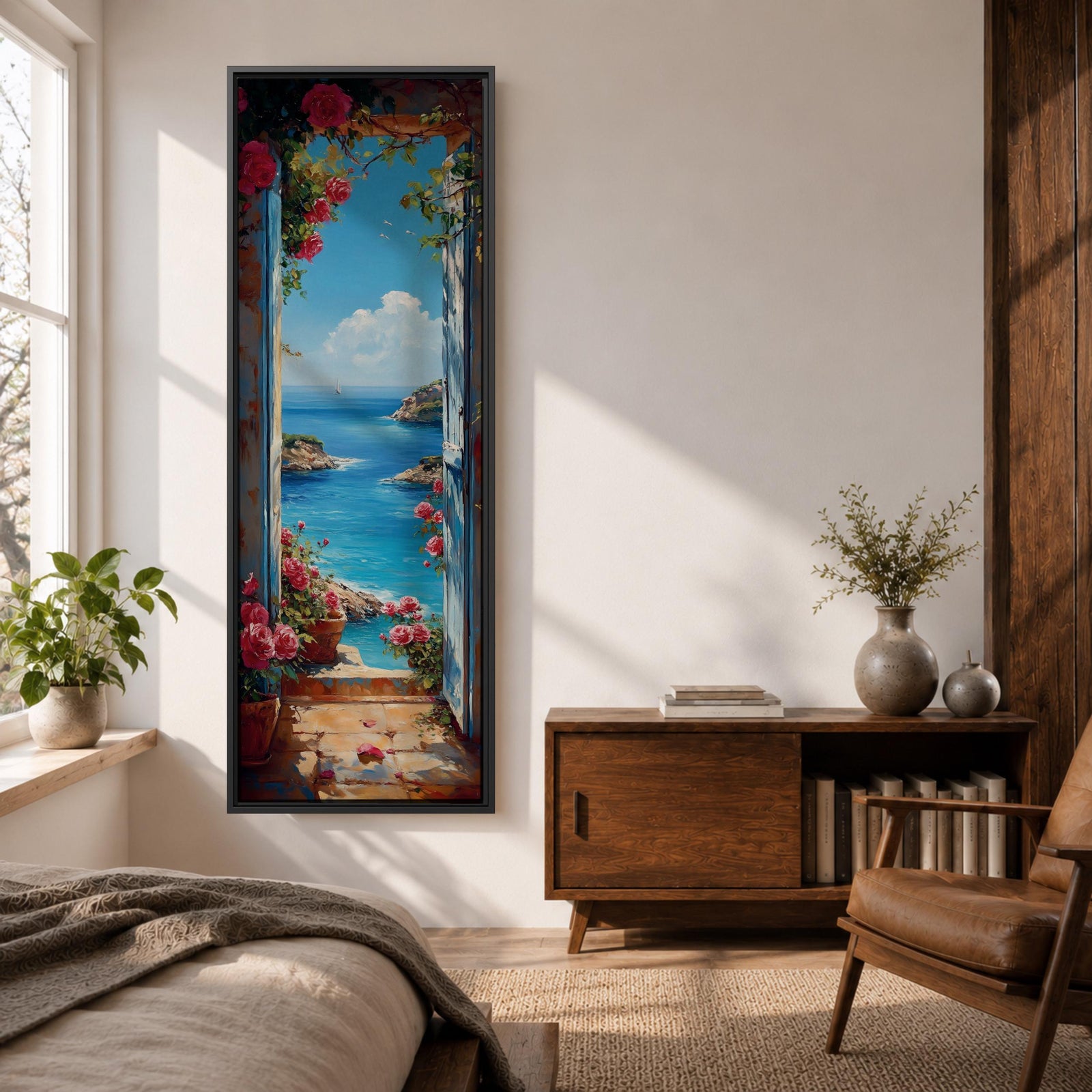 Tall vertical coastal painting showing an Italian ocean view framed by an open doorway with pink flowers and potted plants. The bright Mediterranean sea stretches toward rocky cliffs and a distant sailboat beneath a clear blue sky.