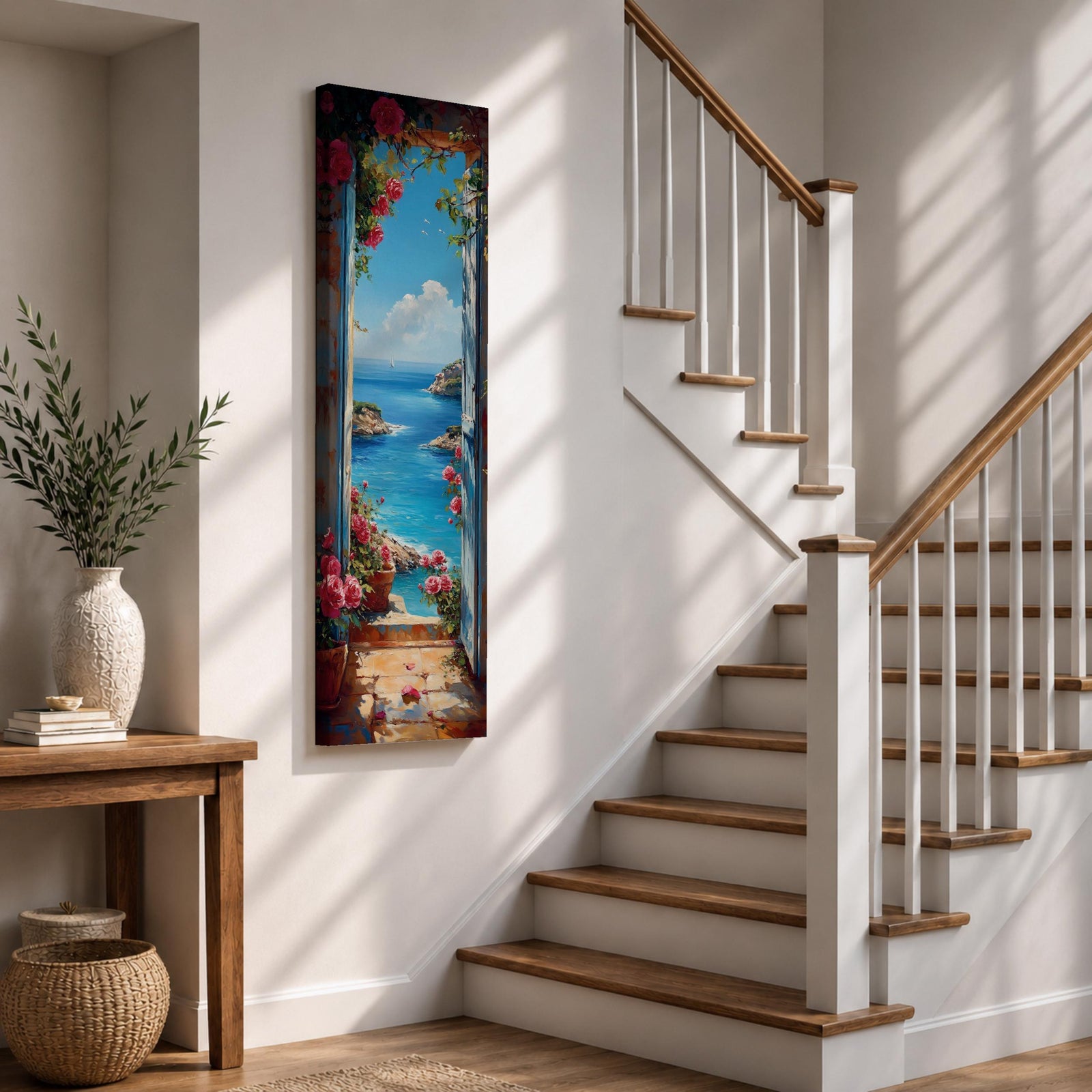 Tall vertical coastal painting showing an Italian ocean view framed by an open doorway with pink flowers and potted plants. The bright Mediterranean sea stretches toward rocky cliffs and a distant sailboat beneath a clear blue sky.
