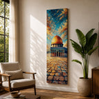 Tall vertical painting of the Dome of the Rock in Jerusalem with the golden dome rising above the historic stone courtyard of the Al Aqsa mosque complex. The scene features textured oil brushstrokes and a dramatic sky in blue and gold tones.