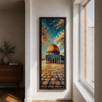 Tall vertical painting of the Dome of the Rock in Jerusalem with the golden dome rising above the historic stone courtyard of the Al Aqsa mosque complex. The scene features textured oil brushstrokes and a dramatic sky in blue and gold tones.