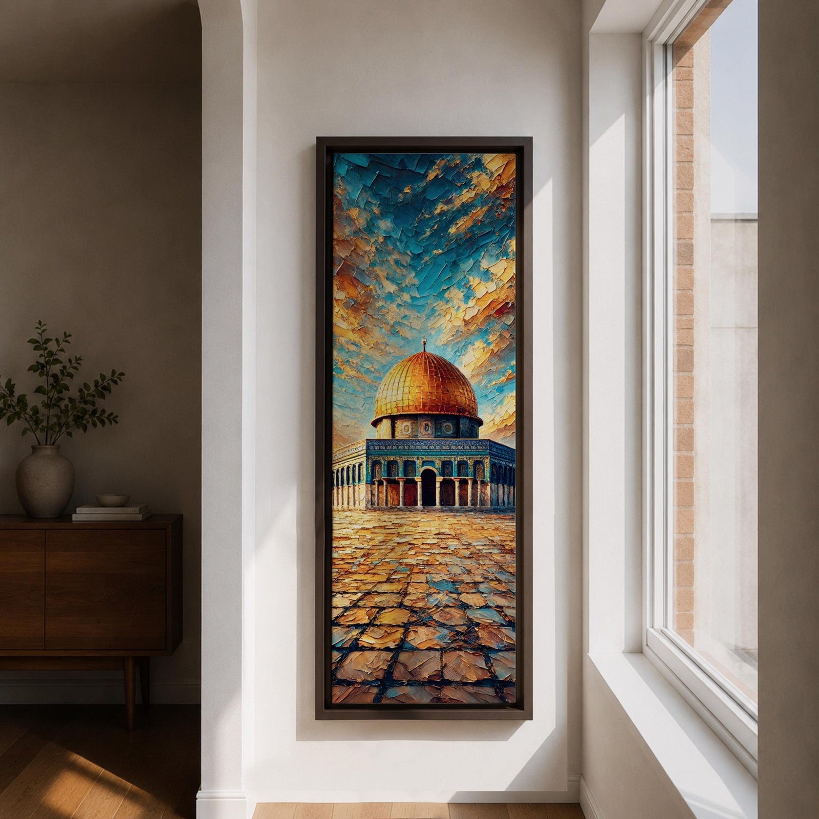 Tall vertical painting of the Dome of the Rock in Jerusalem with the golden dome rising above the historic stone courtyard of the Al Aqsa mosque complex. The scene features textured oil brushstrokes and a dramatic sky in blue and gold tones.