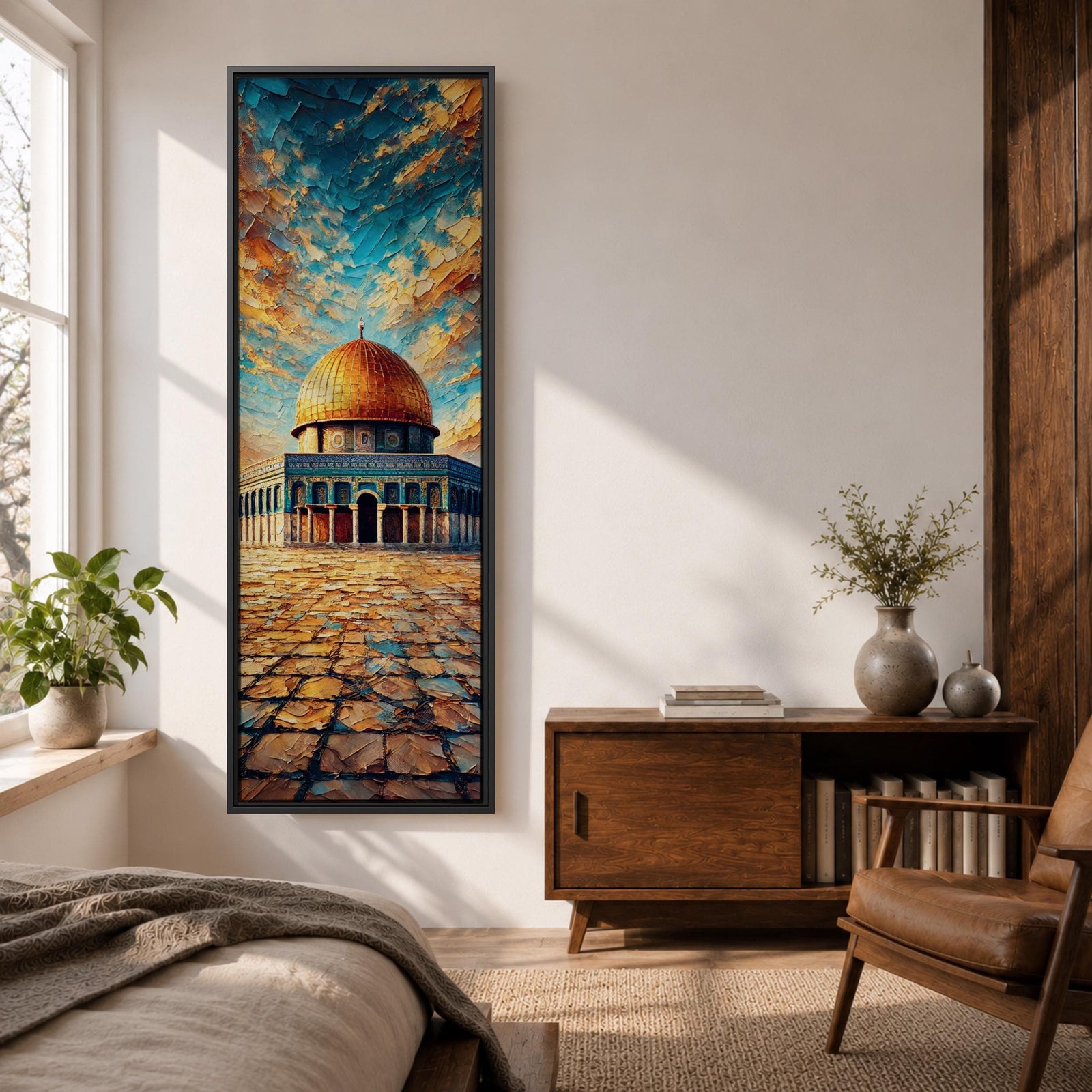 Tall vertical painting of the Dome of the Rock in Jerusalem with the golden dome rising above the historic stone courtyard of the Al Aqsa mosque complex. The scene features textured oil brushstrokes and a dramatic sky in blue and gold tones.