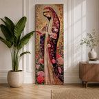 Long vertical Byzantine inspired painting of the Virgin Mary wearing a richly patterned robe covered with roses and floral motifs while holding a small book. A detailed golden halo surrounds her head and intricate decorative textures fill the background creating a devotional religious icon composition.