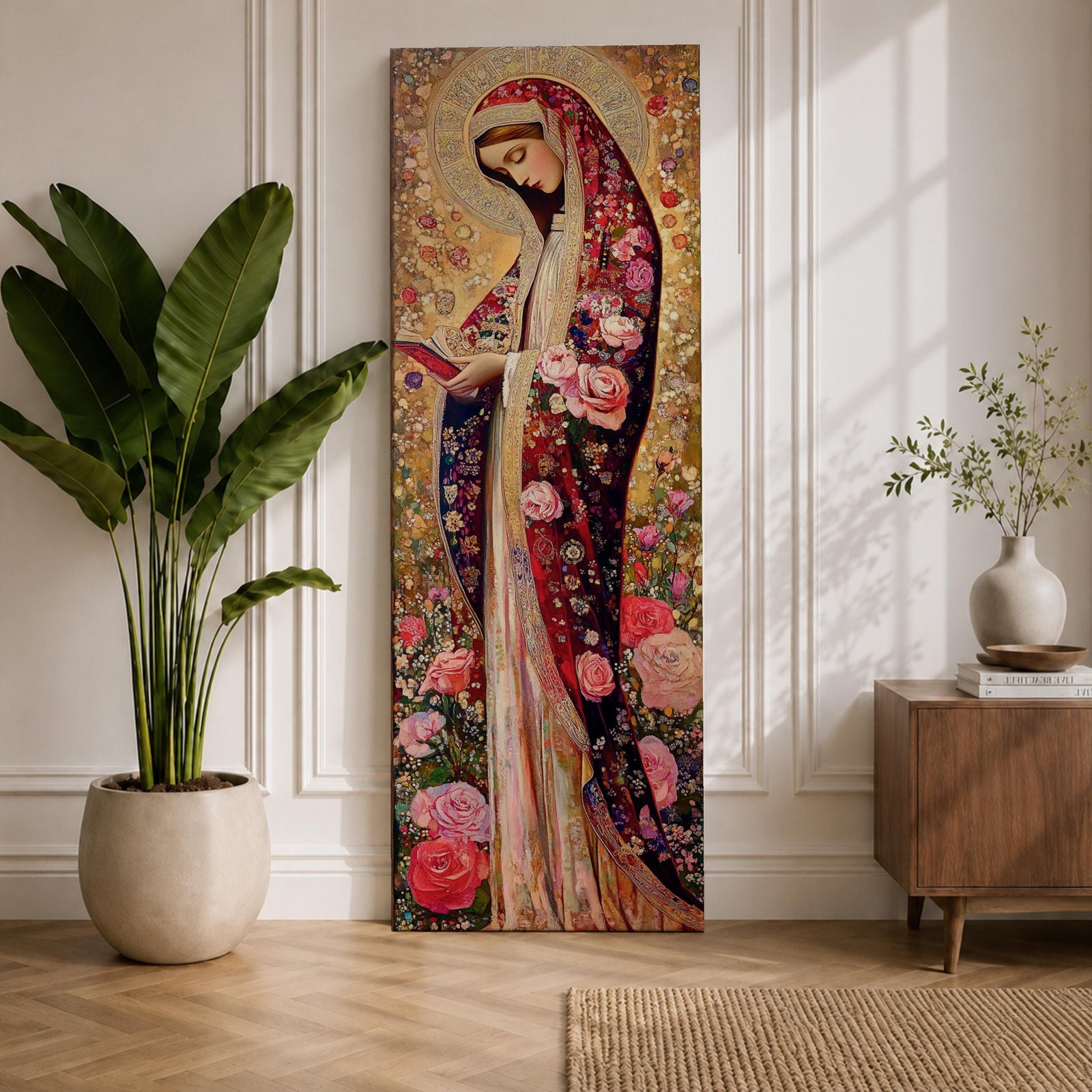 Long vertical Byzantine inspired painting of the Virgin Mary wearing a richly patterned robe covered with roses and floral motifs while holding a small book. A detailed golden halo surrounds her head and intricate decorative textures fill the background creating a devotional religious icon composition.
