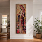 Long vertical Byzantine inspired painting of the Virgin Mary wearing a richly patterned robe covered with roses and floral motifs while holding a small book. A detailed golden halo surrounds her head and intricate decorative textures fill the background creating a devotional religious icon composition.