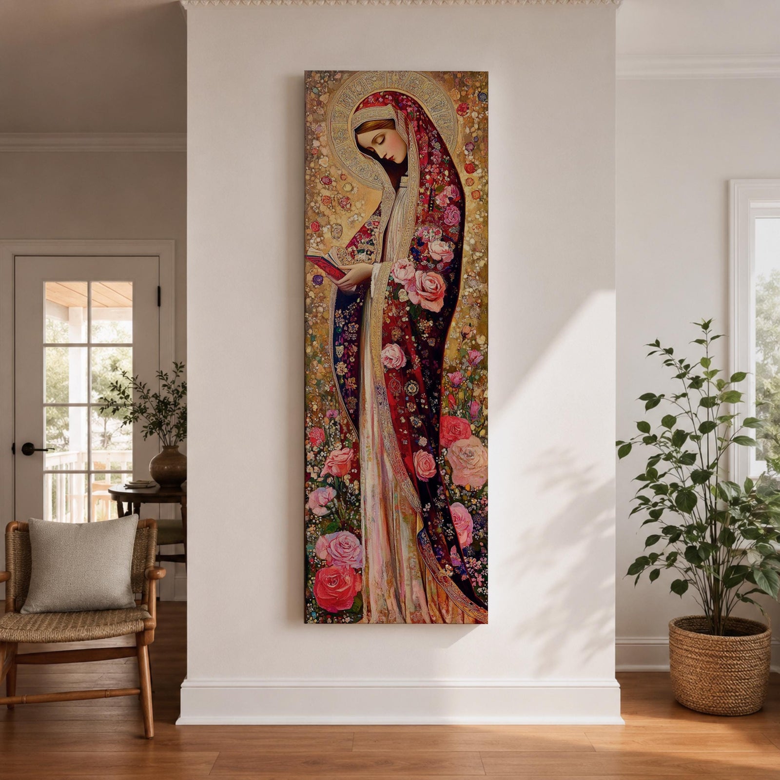 Long vertical Byzantine inspired painting of the Virgin Mary wearing a richly patterned robe covered with roses and floral motifs while holding a small book. A detailed golden halo surrounds her head and intricate decorative textures fill the background creating a devotional religious icon composition.
