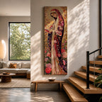Long vertical Byzantine inspired painting of the Virgin Mary wearing a richly patterned robe covered with roses and floral motifs while holding a small book. A detailed golden halo surrounds her head and intricate decorative textures fill the background creating a devotional religious icon composition.