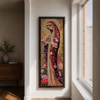 Long vertical Byzantine inspired painting of the Virgin Mary wearing a richly patterned robe covered with roses and floral motifs while holding a small book. A detailed golden halo surrounds her head and intricate decorative textures fill the background creating a devotional religious icon composition.