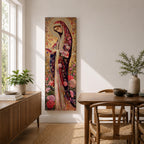 Long vertical Byzantine inspired painting of the Virgin Mary wearing a richly patterned robe covered with roses and floral motifs while holding a small book. A detailed golden halo surrounds her head and intricate decorative textures fill the background creating a devotional religious icon composition.