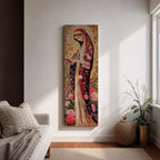 Long vertical Byzantine inspired painting of the Virgin Mary wearing a richly patterned robe covered with roses and floral motifs while holding a small book. A detailed golden halo surrounds her head and intricate decorative textures fill the background creating a devotional religious icon composition.