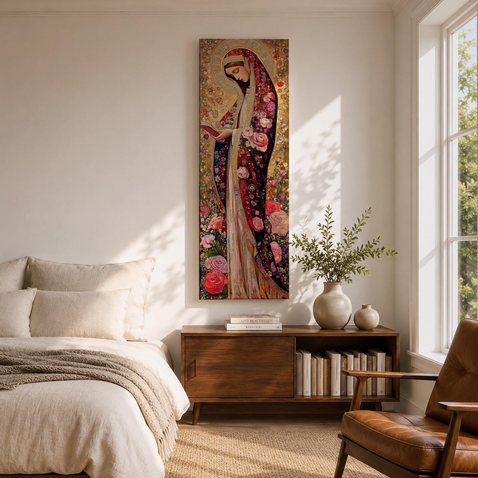 Long vertical Byzantine inspired painting of the Virgin Mary wearing a richly patterned robe covered with roses and floral motifs while holding a small book. A detailed golden halo surrounds her head and intricate decorative textures fill the background creating a devotional religious icon composition.