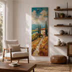 Vertical oil style painting of a Tuscany landscape featuring a winding dirt path leading to a small countryside villa with a red tiled roof surrounded by tall cypress trees. Rolling hills stretch into the distance beneath a dramatic sky filled with textured clouds, painted in expressive brushstrokes with warm earth tones and soft blue horizons.