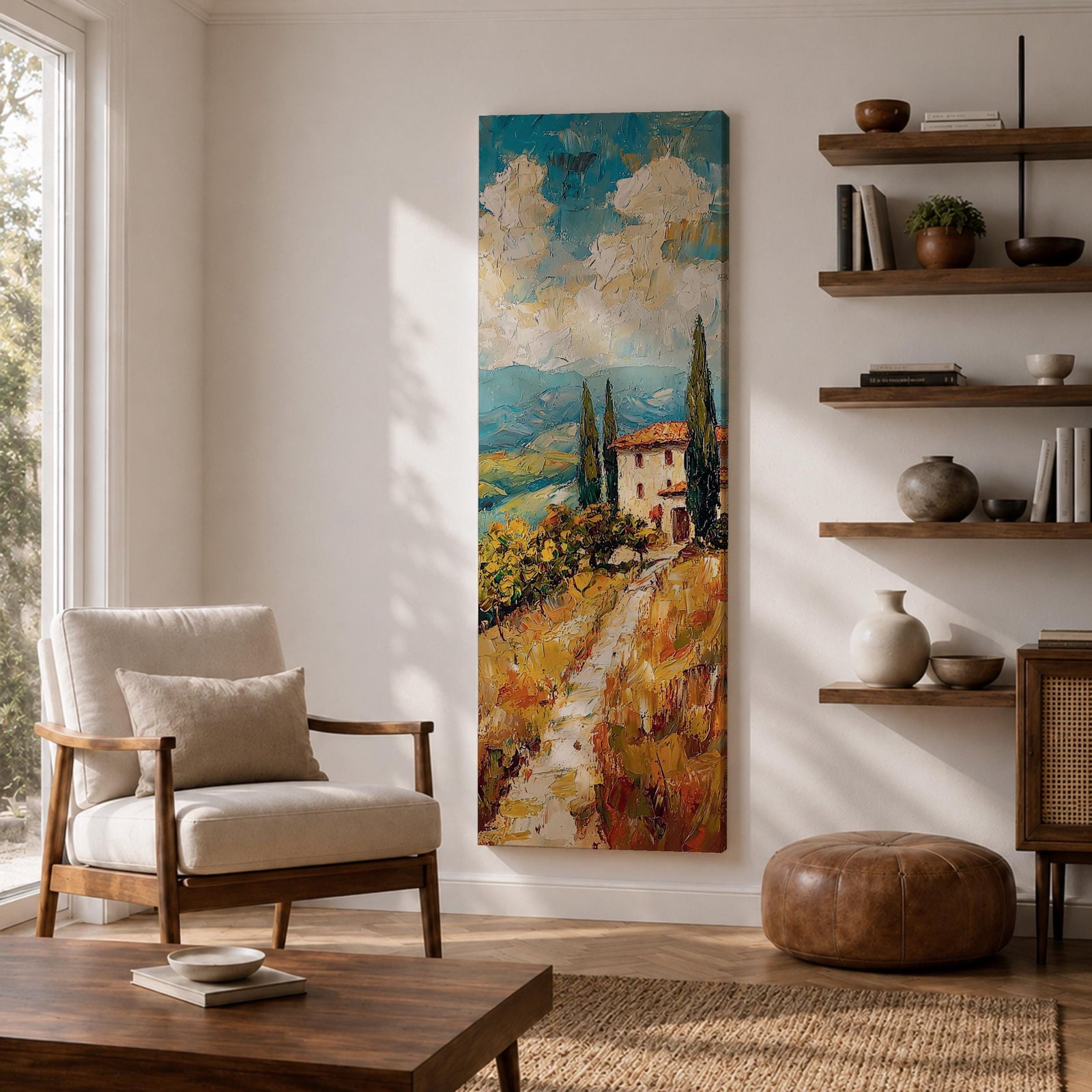 Vertical oil style painting of a Tuscany landscape featuring a winding dirt path leading to a small countryside villa with a red tiled roof surrounded by tall cypress trees. Rolling hills stretch into the distance beneath a dramatic sky filled with textured clouds, painted in expressive brushstrokes with warm earth tones and soft blue horizons.